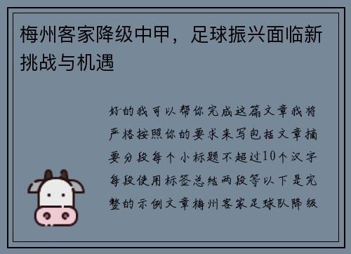 梅州客家降级中甲，足球振兴面临新挑战与机遇